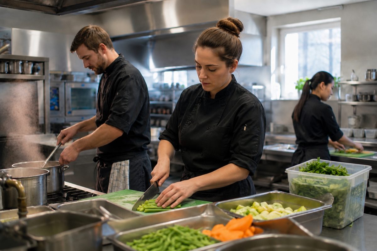 Cuisiniers au travail dans une cuisine professionnelle