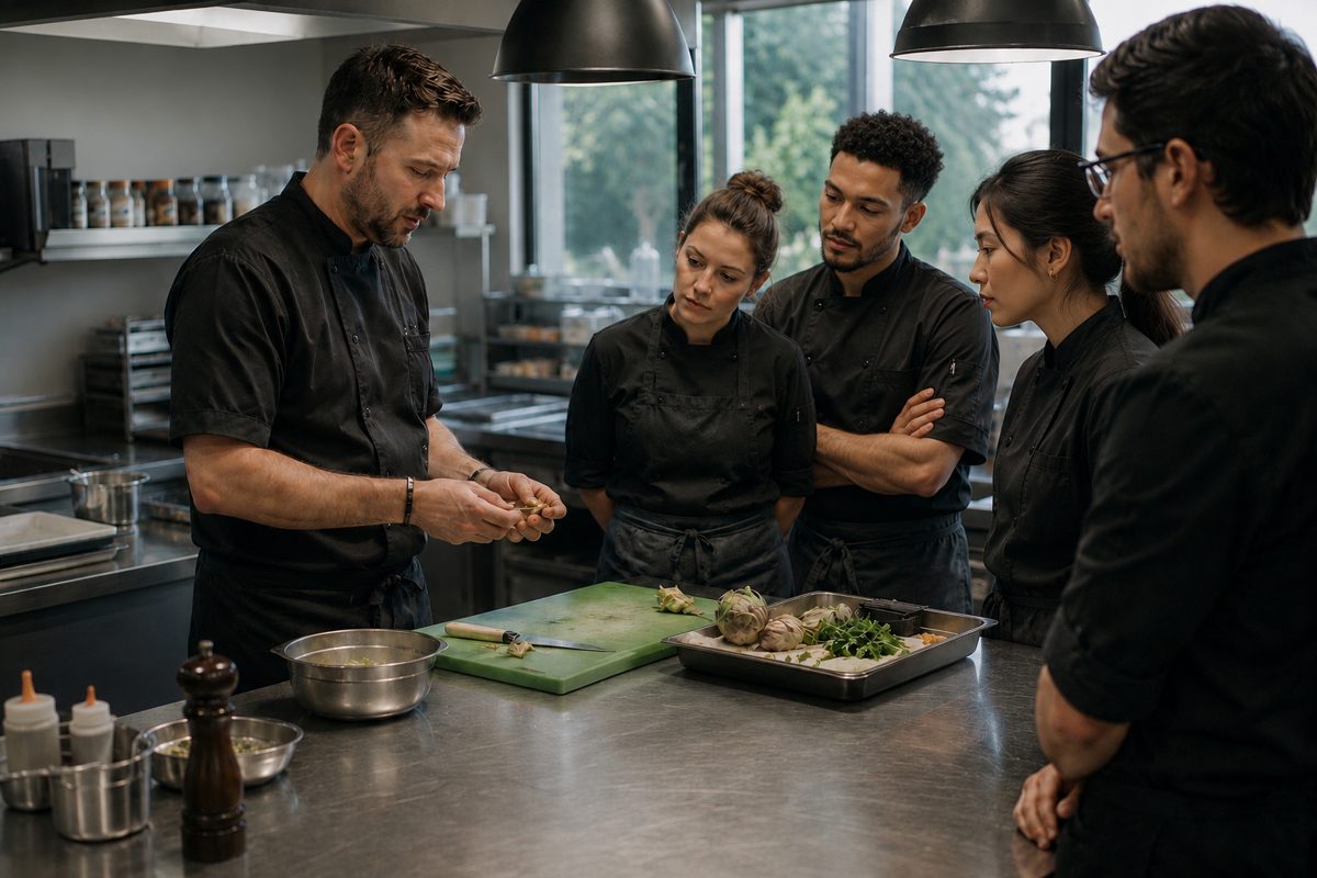 Chef formant une équipe de cuisine, démonstration d’une technique sur un plan de travail