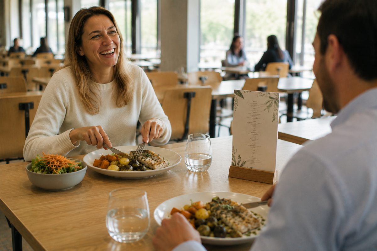 Table dressée avec une carte de menu, une assiette et des couverts