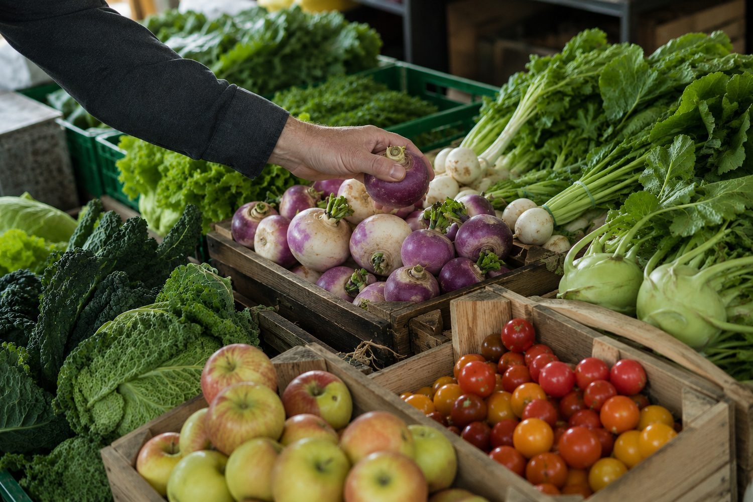 Étal de légumes frais de saison au marché